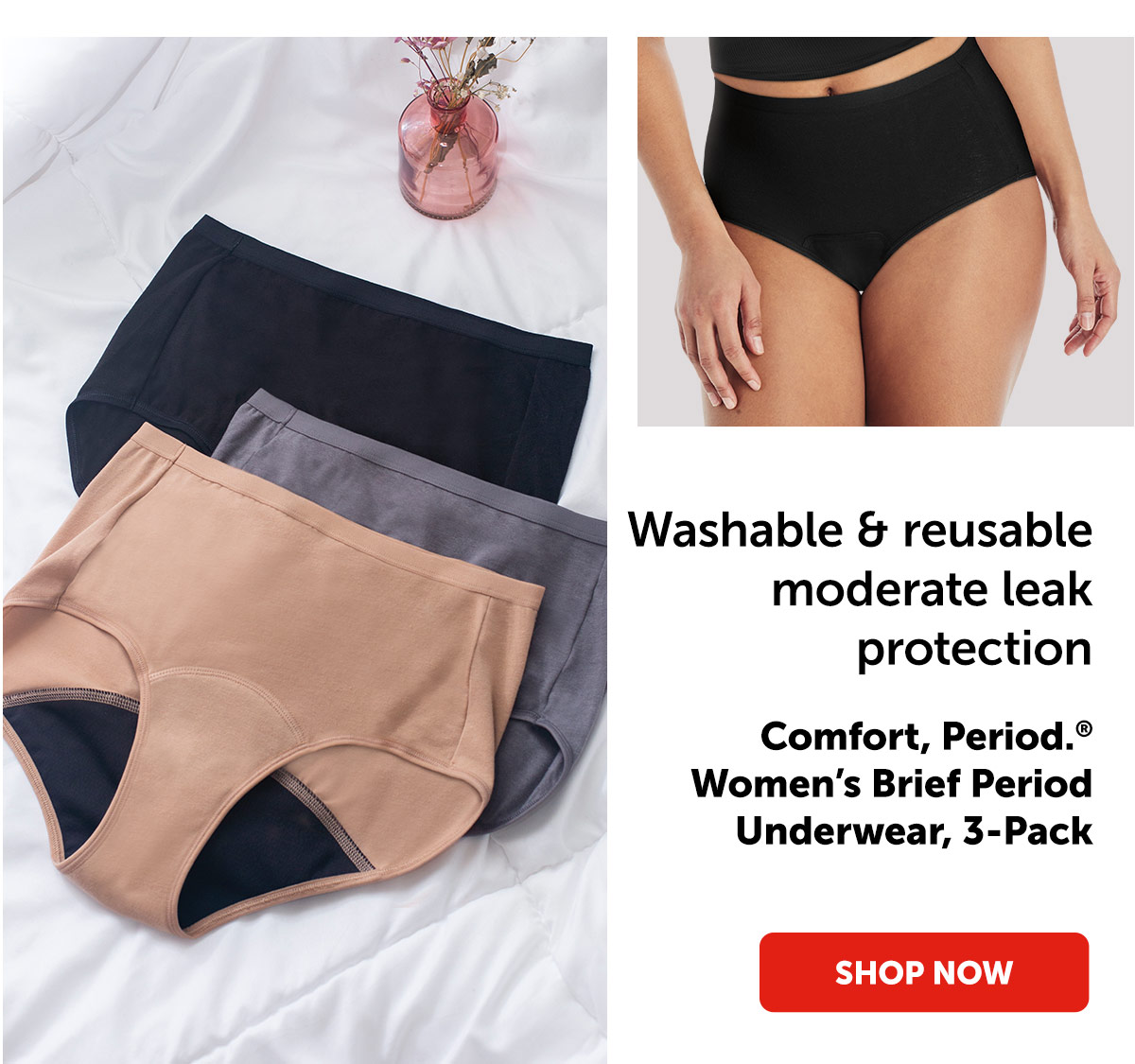 Comfort, Period. Women’s Brief Period Underwear, 3-Pack