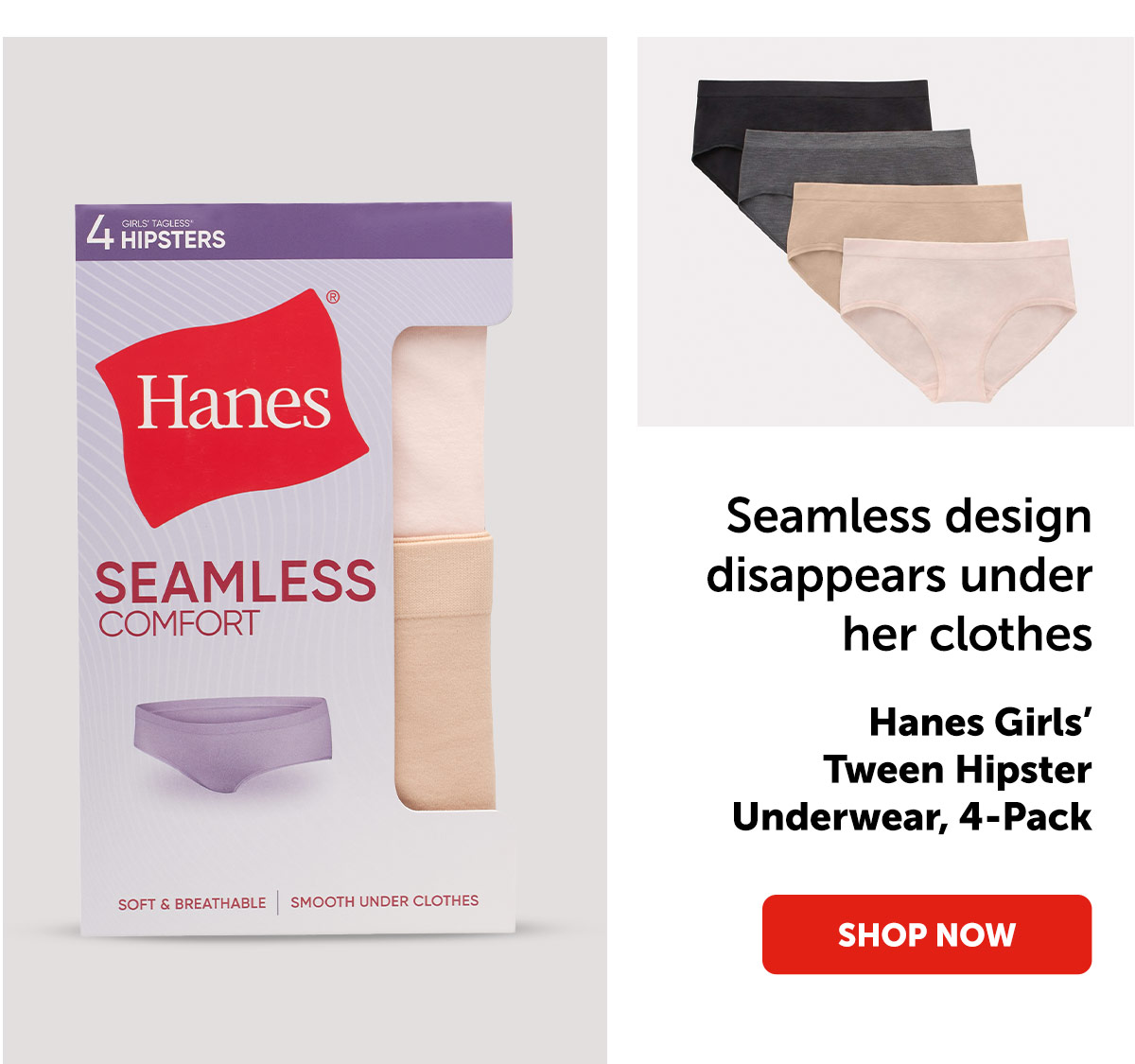 Hanes Girls’ Tween Hipster Underwear, 4-Pack