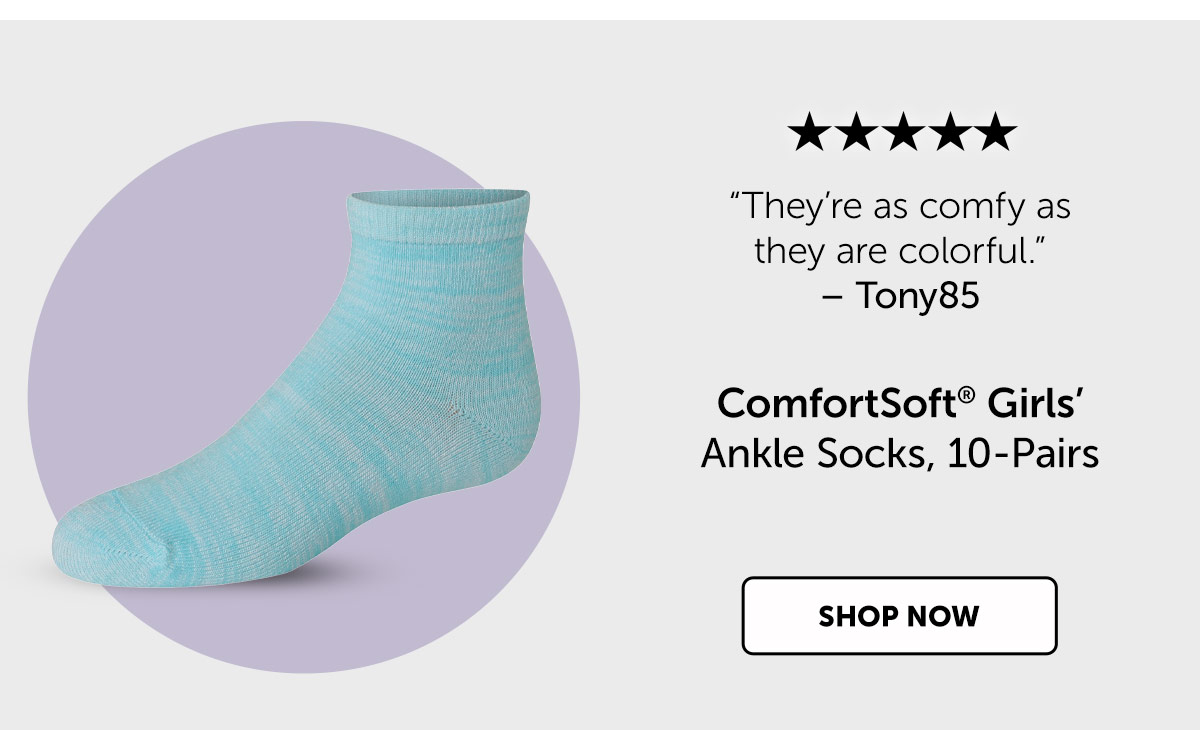 ComfortSoft Girls’ Ankle Socks, 10-Pairs