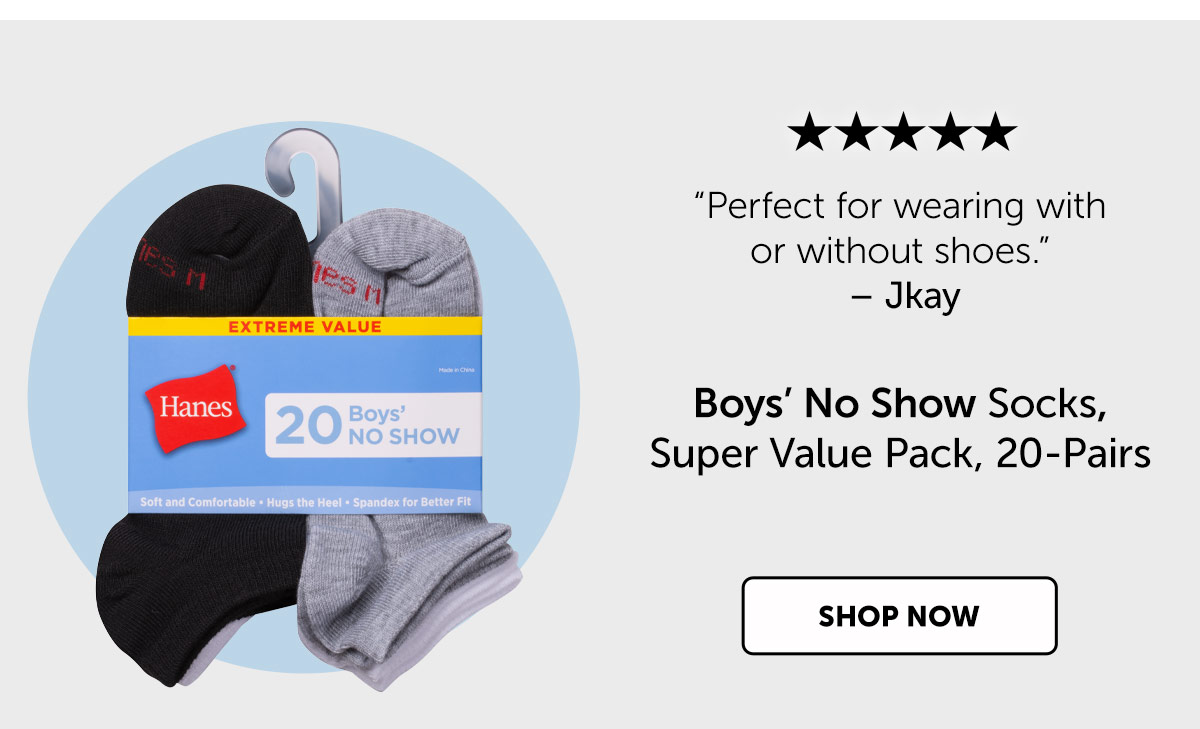 Boys’ No Show Socks, Super Value Pack, 20-Pairs