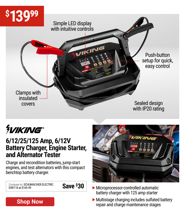 VIKING 6/12/25/125 Amp, 6/12V Battery Charger, Engine Starter, and Alternator Tester