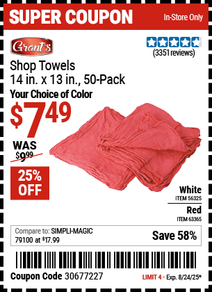 GRANT'S Mechanics Shop Towels 14 in. x 13 in., 50-Pack