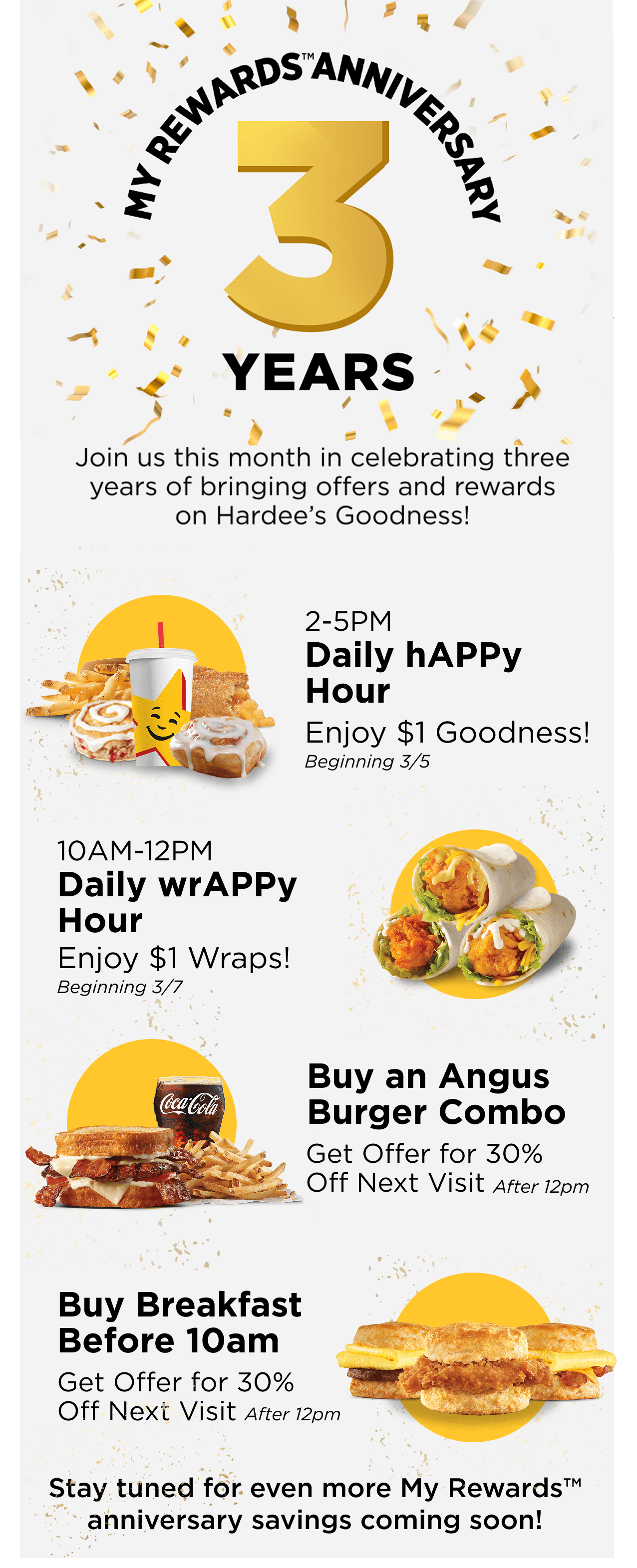 Join us this month in celebrating three years of bringing offers and rewards on Hardee’s Goodness! Featuring Daily hAPPy Hour, Daily wrAPPy Hour, offers on Angus Combo's and Hardee's Breakfast.