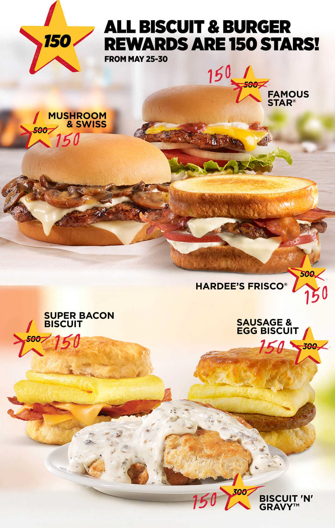 Burger and Biscuit 300 and 500 Star Reward items are discounted to 150 Stars, May 25-30!