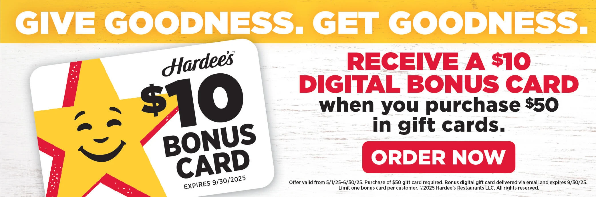 Buy $50 Gift Card, Get $10 Bonus Card. Offer valid May 1-June 30. Bonus Card Expires Sept. 30.