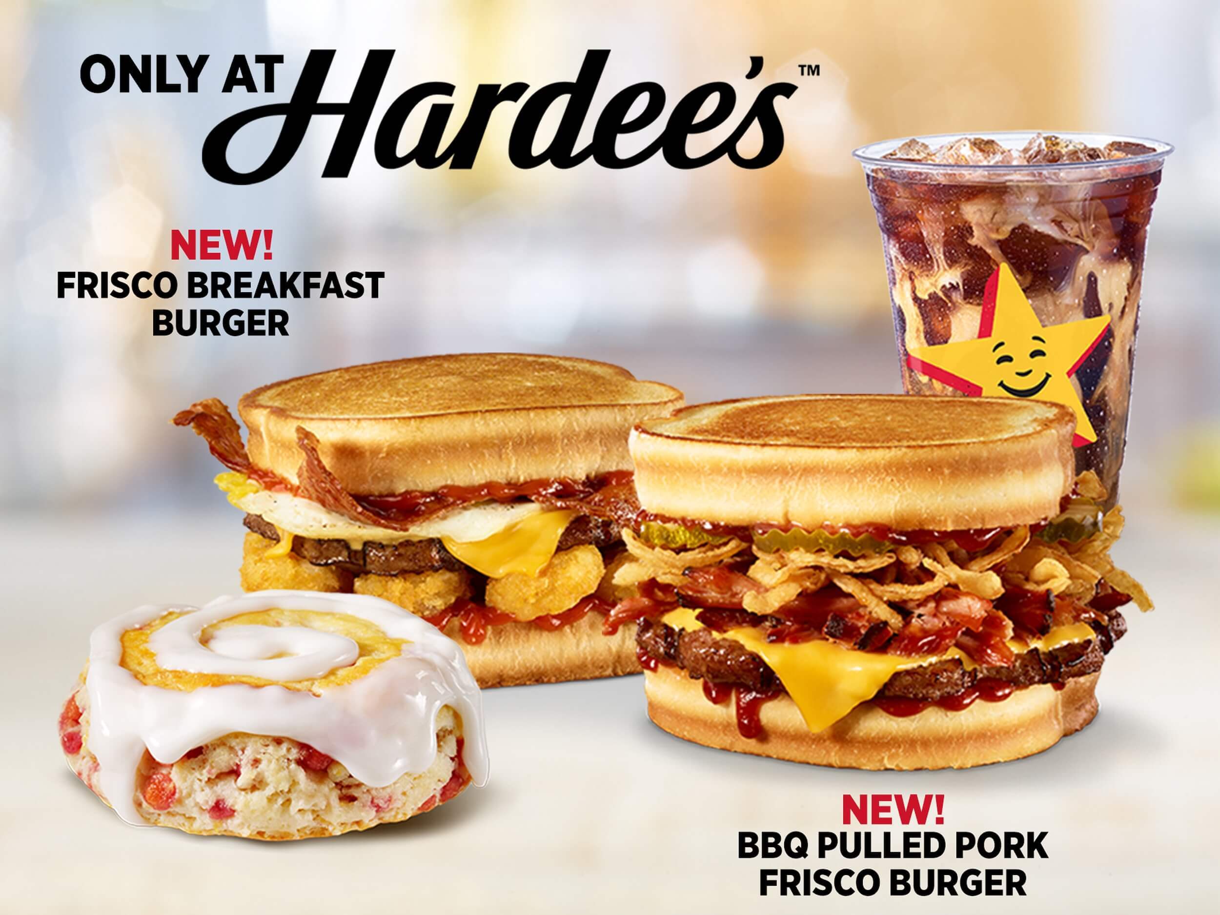 New Offers - See What's New at Hardee's! New Friscos, Strawberry Lemon Biscuit, and Iced Coffee.