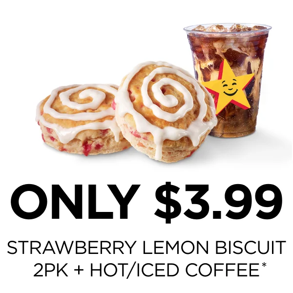 Offer for a $3.99 Strawberry Lemon Biscuit 2pk + Iced or Hot Coffee.