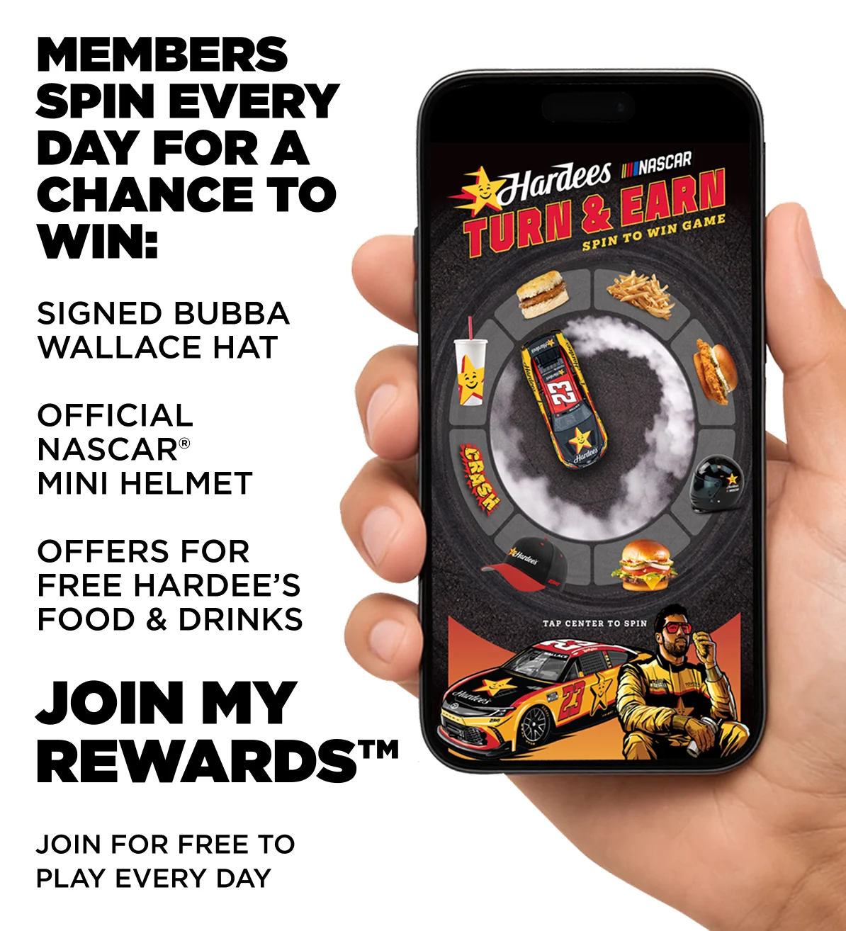 You could win a signed bubba wallace hat, official nascar mini helmet, offers for free food and drinks, nascar sweepstakes entry. Join my rewards to play today. Click or tap to learn more.