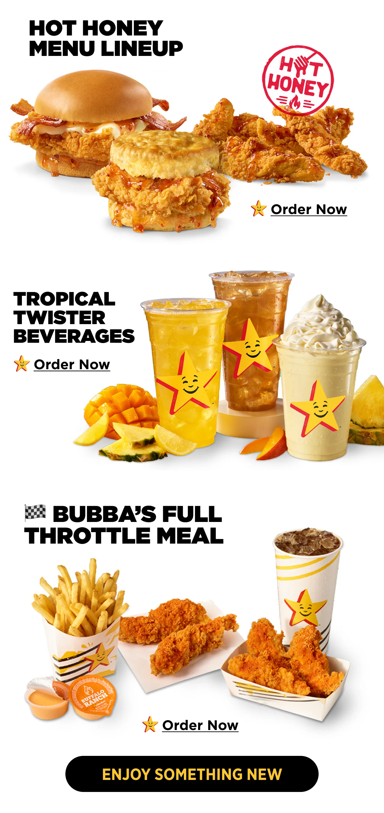 See What's New at Hardee's! Prime Rib Lineup, Triple Berry Drinks, Mocha Coffee Freeze, Triple Berry Biscuit.