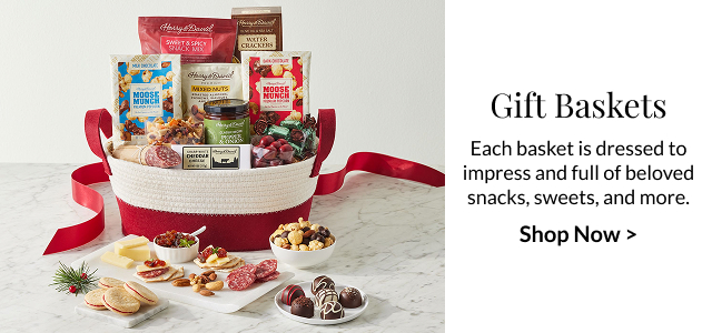Gift Baskets - Each basket is dressed to impress and full of beloved snacks, sweets, and more.  