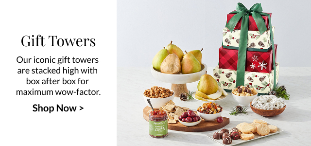 Gift Towers - Our iconic gift towers are stacked high with box after box for maximum wow-factor.  