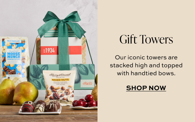Gift Towers - Our iconic towers are stacked high and topped with handtied bows.  