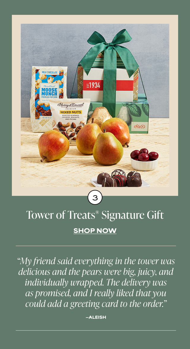 Tower of Treats® Signature Gift - 'My friend said everything in the tower was delicious and the pears were big, juicy, and individually wrapped. The delivery was as promised, and I really liked that you could add a greeting card to the order.' - Aleish