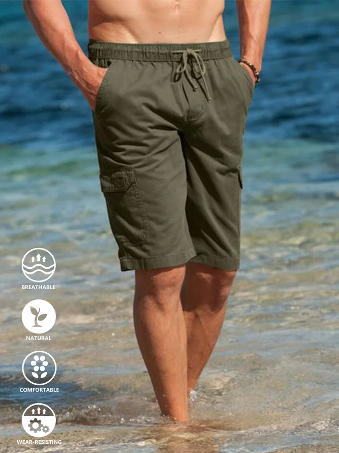 Cotton and Linen Style American Casual Basic Versatile Linen Cargo Shorts