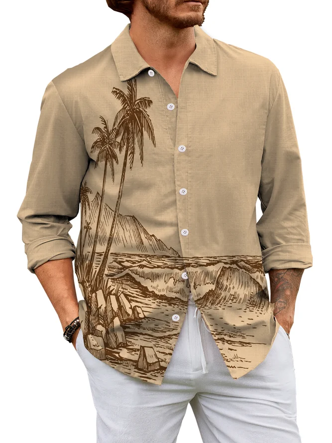 Cotton Linen Hawaii Resort Casual Long Sleeve Shirt