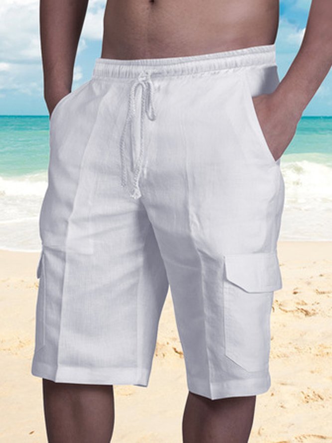 Mens Linen Shorts Multi-Pocket Tie Cargo Bottom