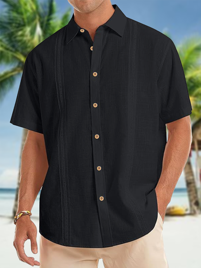 Cotton Striped Patchwork Chest Pocket Short Sleeve Casual Shirt