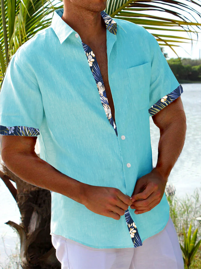 Cotton Patchwork Tropical Plant Print Casual Shirt