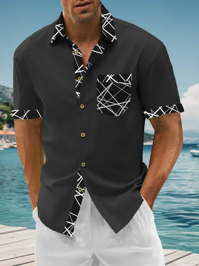 Cotton Plain Color Contrast Stitching Geometric Casual Shirt