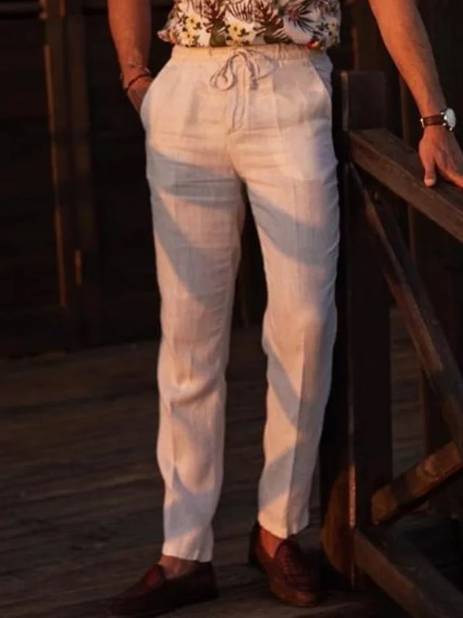 Cotton-Blend Plain Casual Pants