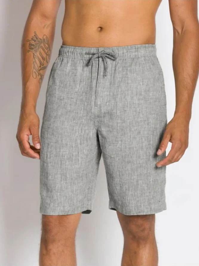 Cotton and Linen Style Comfortable Five Points Casual Cotton and Linen Lace-Up Buttoned Shorts