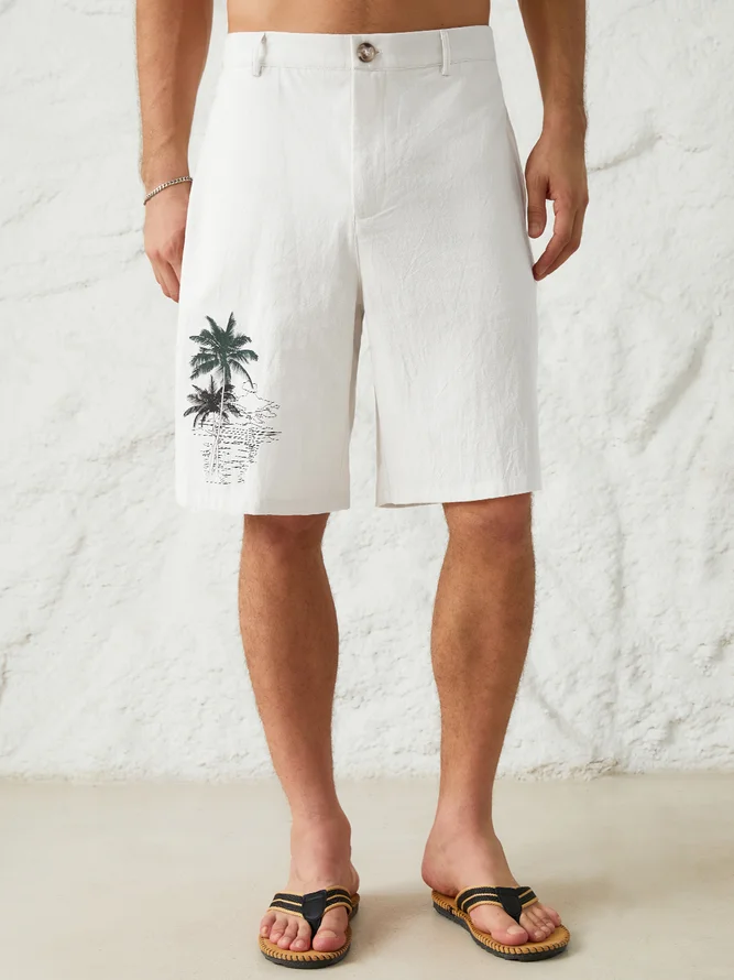 Mens Hawaiian Coconut Tree Print Cotton Linen Casual Shorts