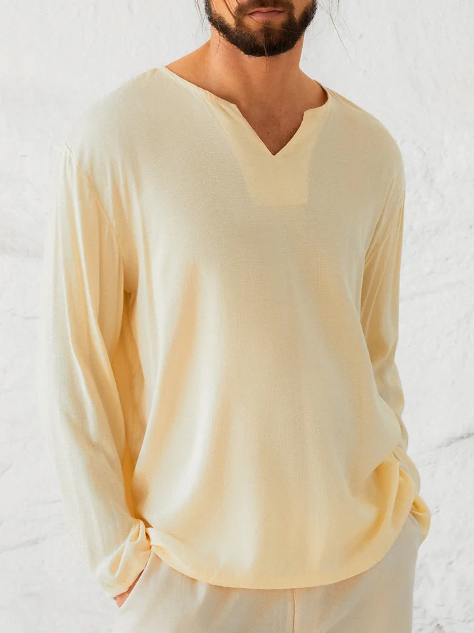 Men's Cotton Comfortable Casual Solid Color Pullover Long Sleeve