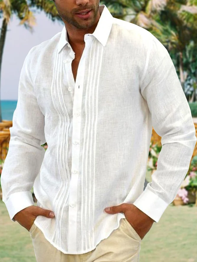 Cotton and linen based net color style leisure men long sleeve shirt