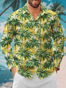 Image of Moisture Wicking Botanical Coconut Tree Floral Chest Pocket Long Sleeve Casual Shirt
