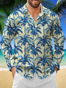Image of Moisture Wicking Botanical Coconut Tree Floral Chest Pocket Long Sleeve Casual Shirt