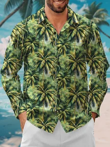 Image of Moisture Wicking Botanical Coconut Tree Floral Chest Pocket Long Sleeve Casual Shirt