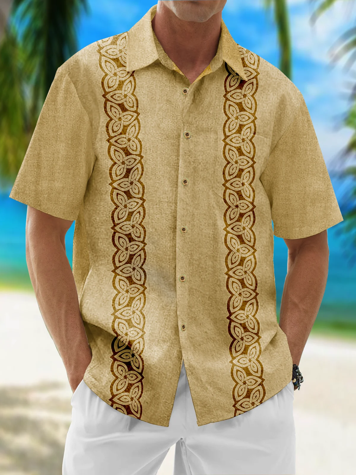 Image of Moisture Wicking Striped Floral Chest Pocket Hawaiian Shirt