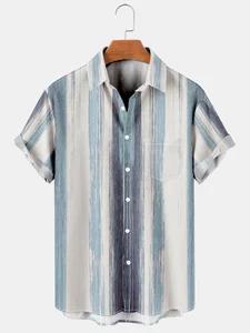 Image of Men's Geometric Stripe Print Hawaiian Short Sleeve Shirt