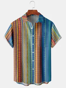 Image of Vintage Striped Graphic Men's Casual Hawaiian Short Sleeve Shirt