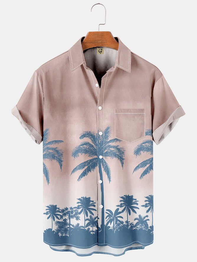 Image of Mens Coconut Tree Printed Casual Breathable Hawaiian Short Sleeve Shirt