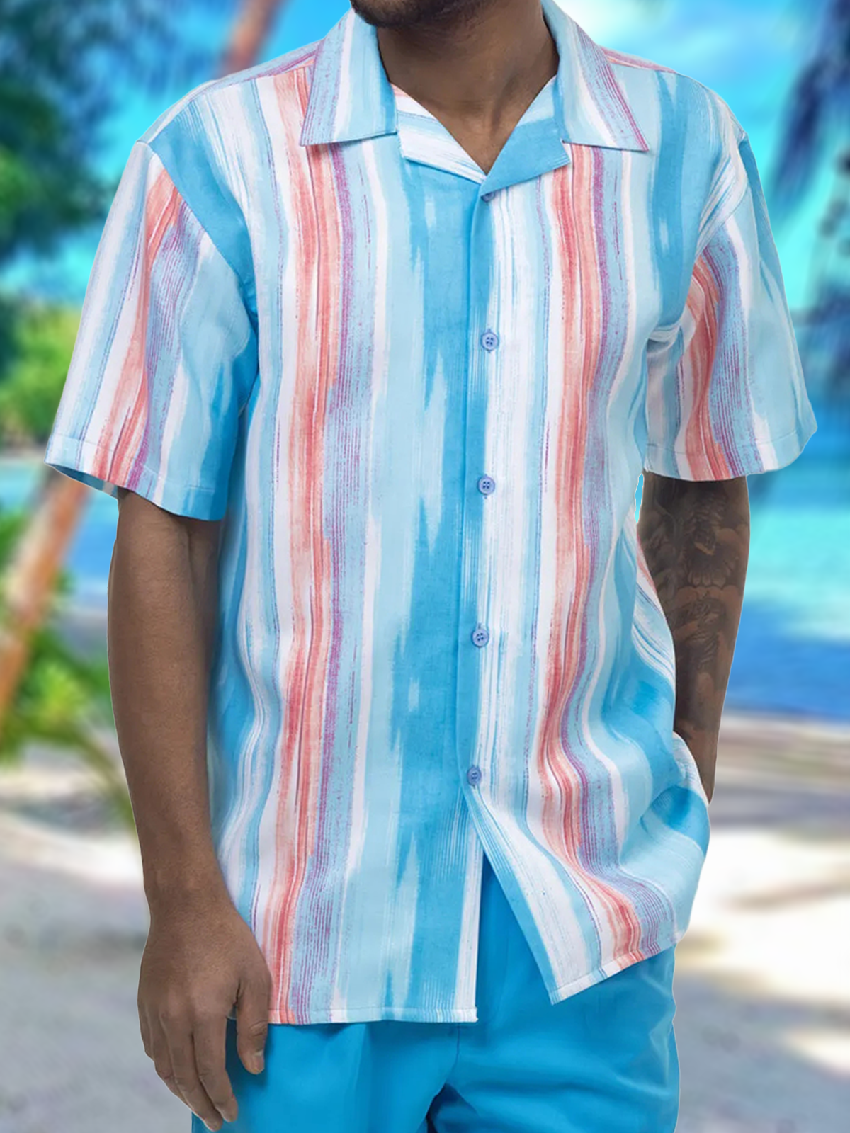 Image of Striped Short Sleeve Cheast Pocket Resort Shirt