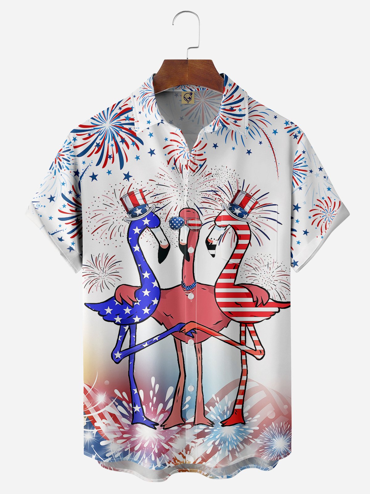 Image of Indepndence Day Flag Flamingo Chest Pocket Short Sleeve Shirt