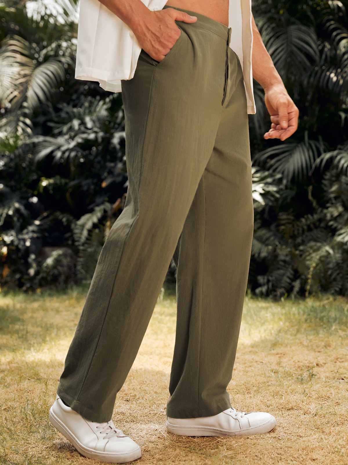 Image of Cotton and Linen Plain Hawaiian Casual Trousers