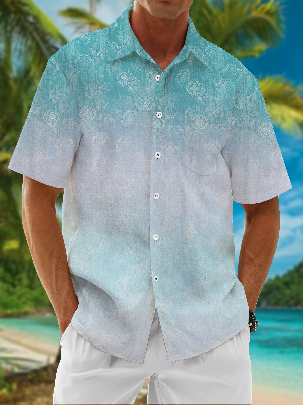 Image of Abstract Pattern Chest Pocket Short Sleeve Casual Shirt