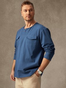 Image of Cotton Plain Flap Pockets Long Sleeve Casual Shirt