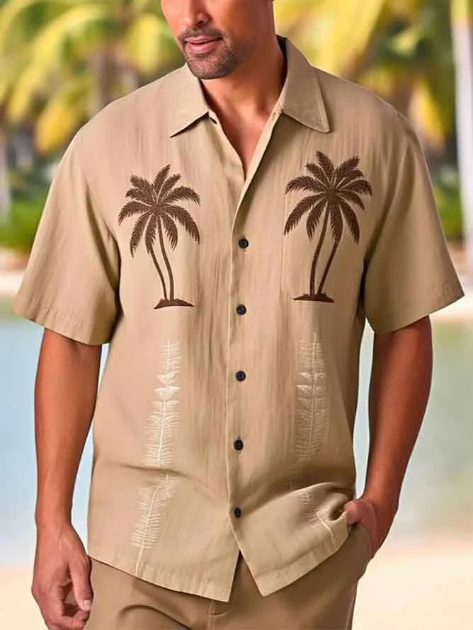 Image of Coconut Tree Print Short Sleeve Resort Shirt