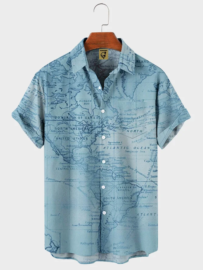 Image of Mens Navigation Map Printed Casual Short Sleeve Shirt