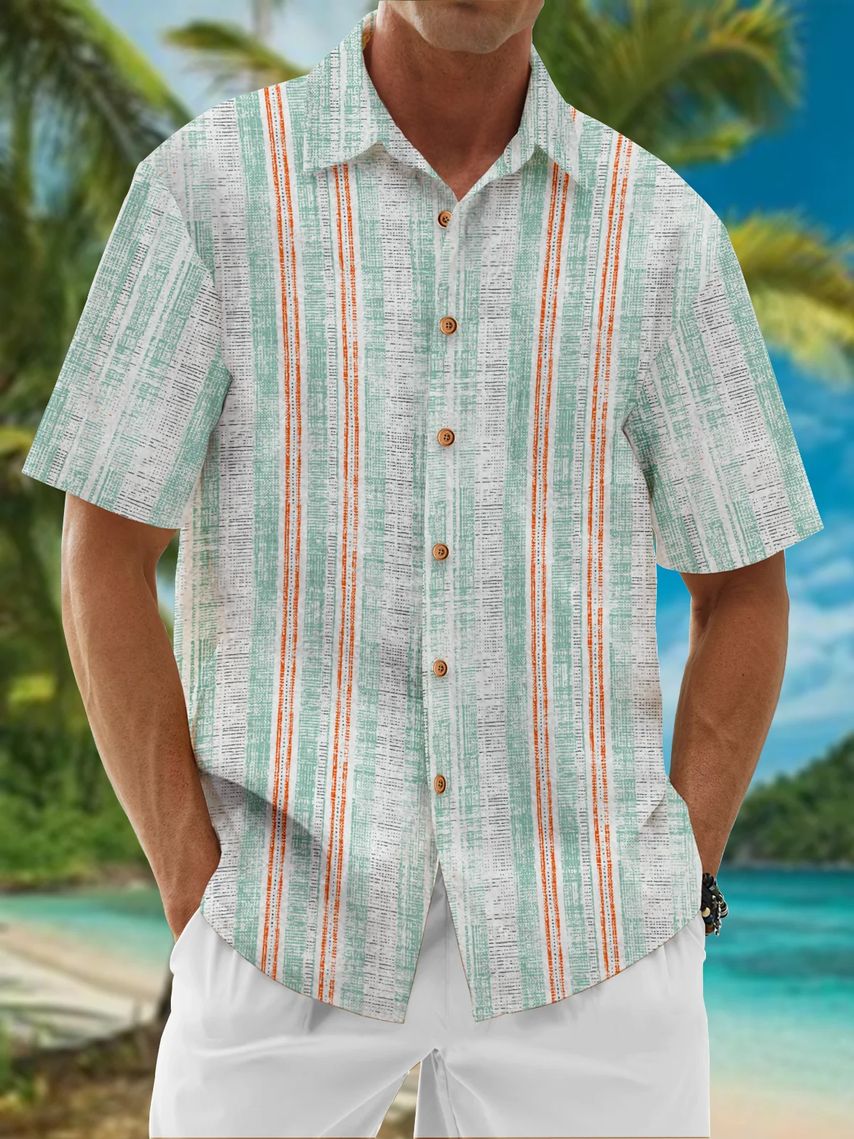 Image of Striped Abstract Chest Pocket Short Sleeve Bowling Shirt