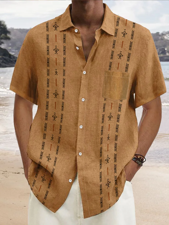 Image of Stripe Chest Pocket Short Sleeve Casual Bowling Shirt