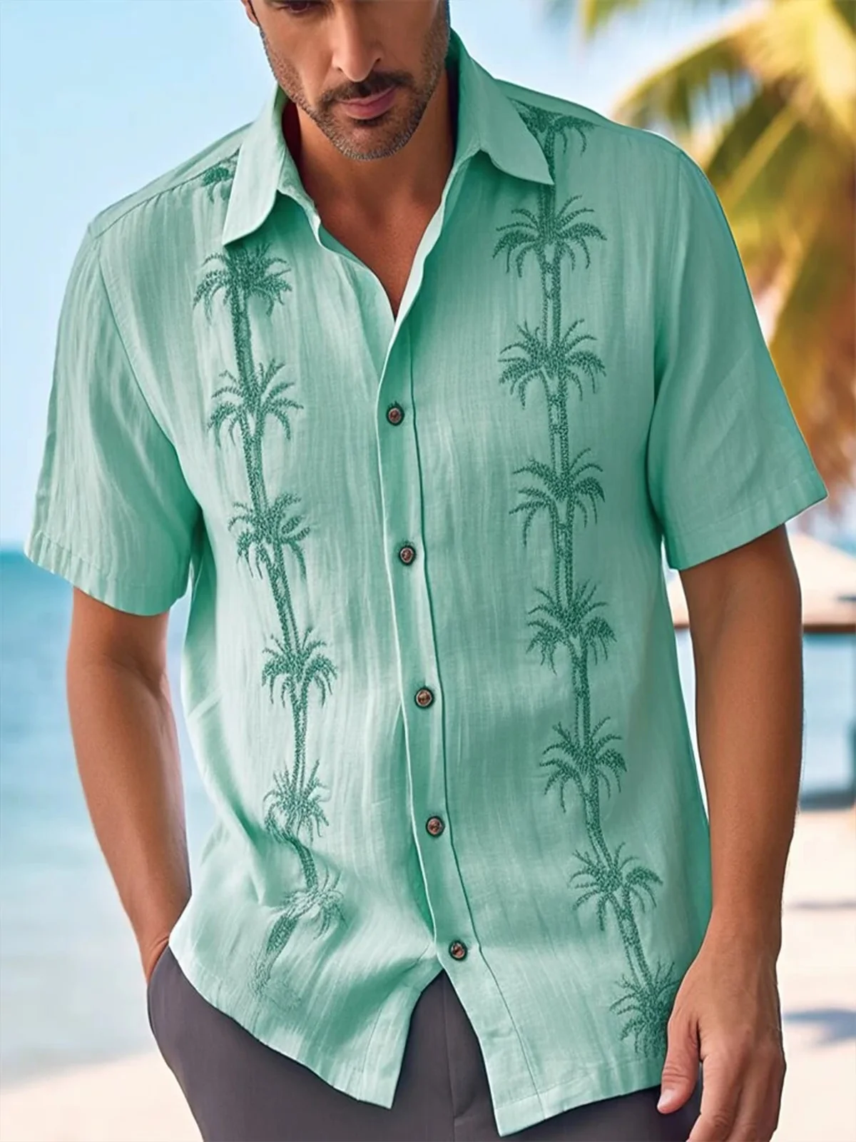 Image of Coconut Tree Print Short Sleeve Resort Shirt