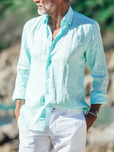 Image of Plain Cotton Long Sleeve Casual Shirt