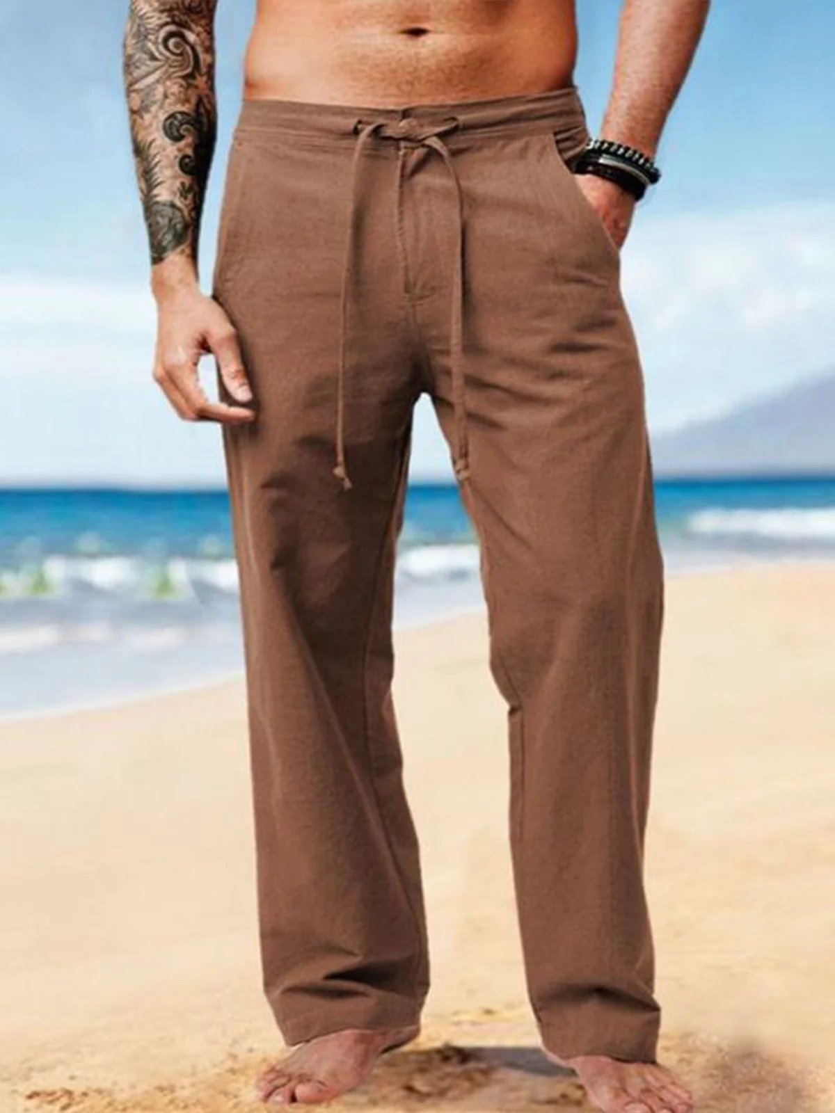 Image of Plain Cotton Drawstring Waist Straight Pants