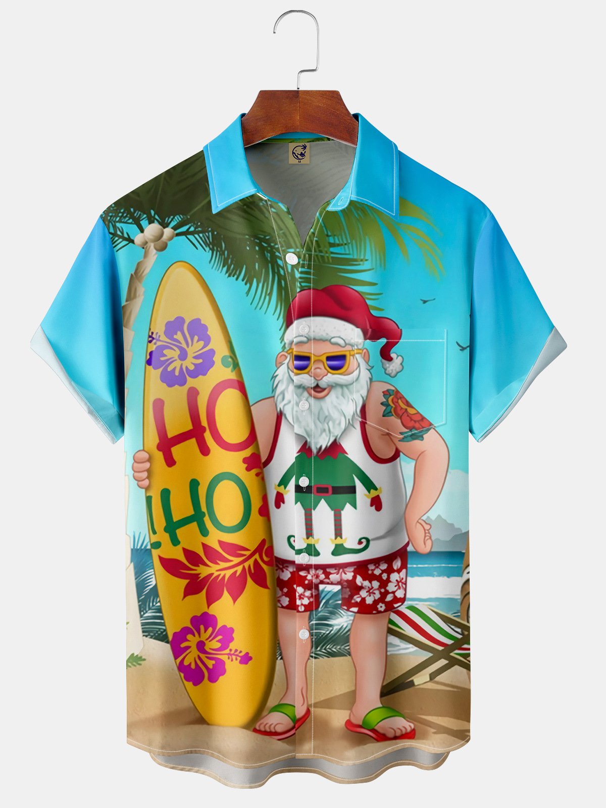 Image of Men's Christmas Collection Printed Casual Short Sleeve Hawaiian Shirt with Chest Pocket
