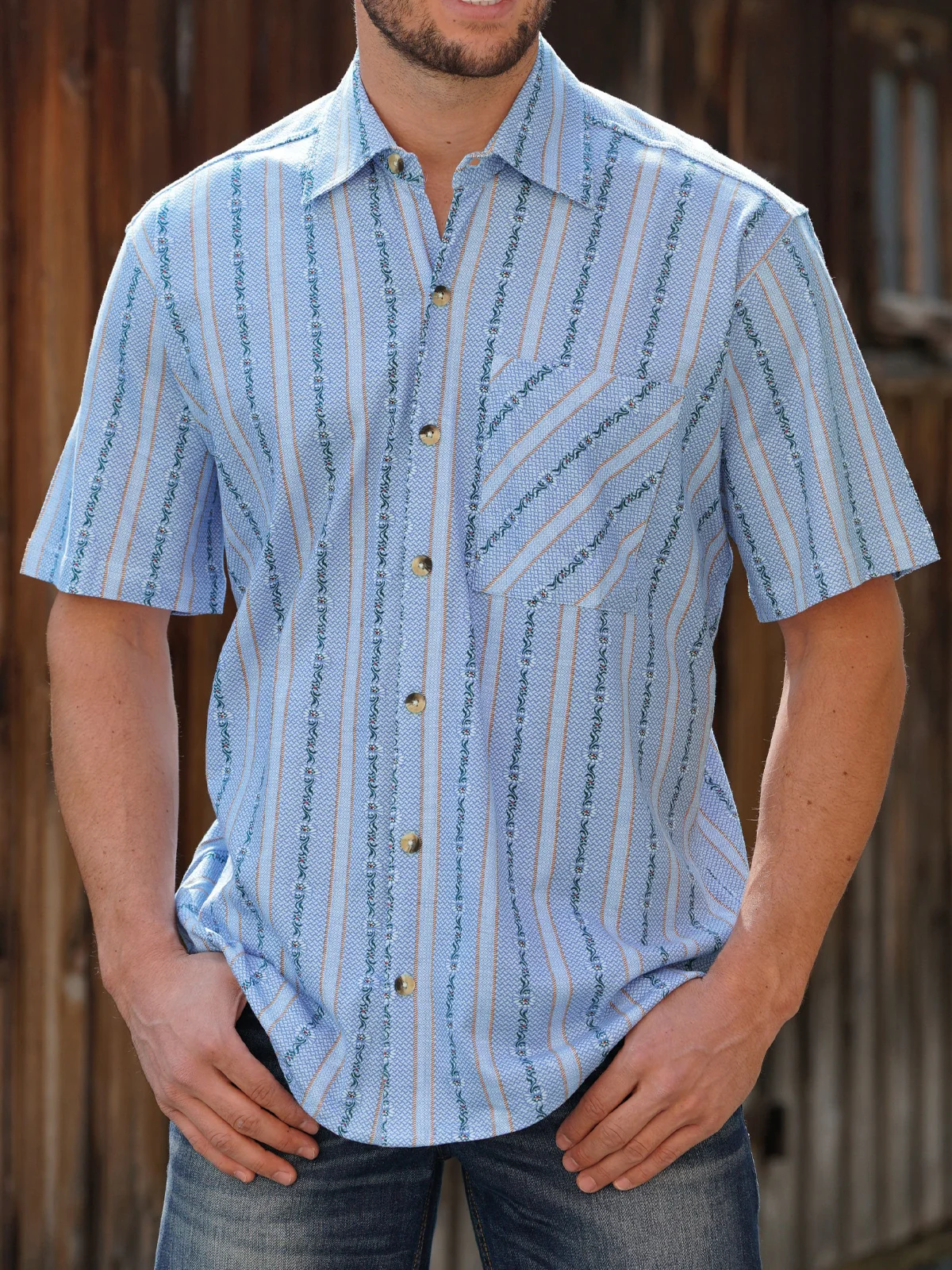 Image of Striped Chest Pocket Short Sleeve Shirt