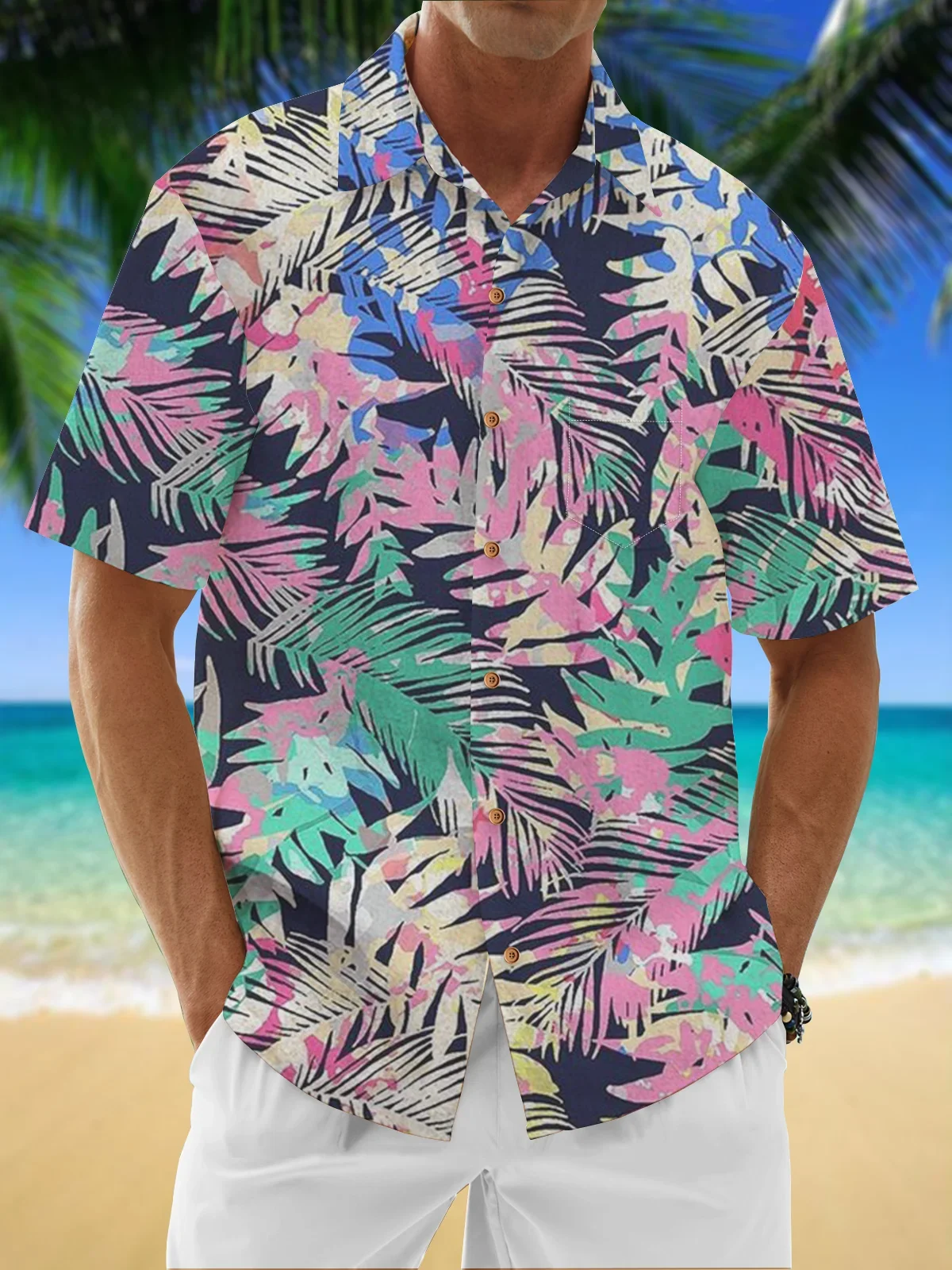 Image of Moisture Wicking Tropical Floral Chest Pocket Hawaiian Shirt